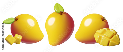 Mango 3d icons set of whole the fruit and slices. Cute minimal three dimensional vector illustrations isolated on white background.