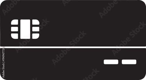 A minimalist black credit card icon with a chip and payment details on a plain dark background.
