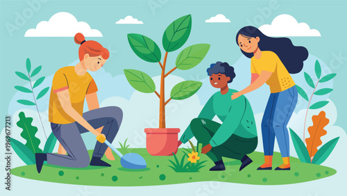 Friends work together to plant a tree and flowers in a garden on a sunny day