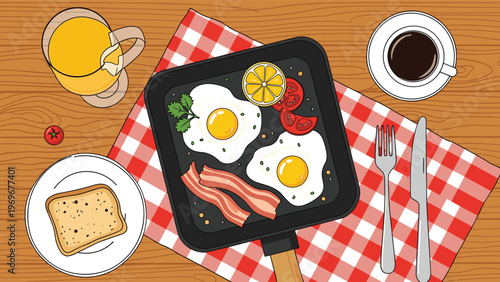 Overhead view of a delicious breakfast spread featuring fried eggs, bacon, toast, orange juice, and coffee on a checkered picnic tablecloth.