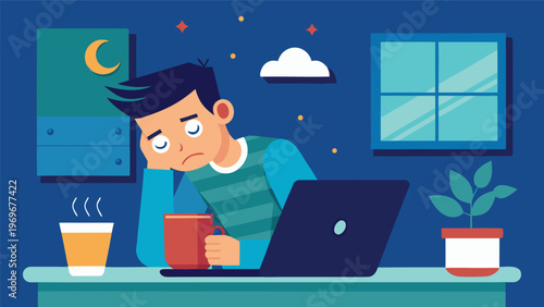 Young man feels bored while working late at his desk with a computer in a cozy room at night