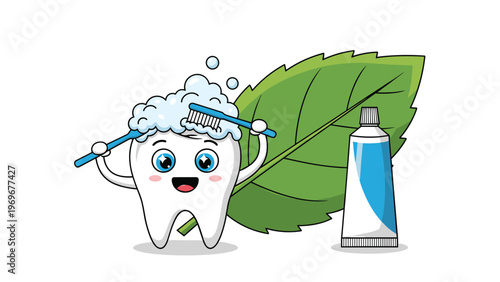 Joyful cartoon tooth brushing itself with foam next to a giant mint leaf and a tube of toothpaste for a refreshing oral care message.