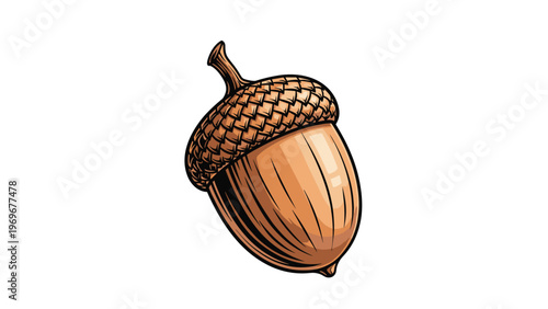 Detailed illustration of a brown acorn with its textured cap represents nature, seeds, and the seasonal changes of autumn and fall.