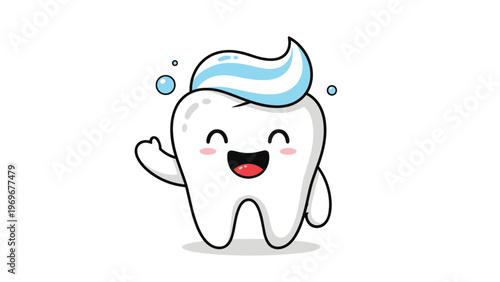 Cheerful cartoon tooth character wearing a dollop of blue toothpaste like a stylish hat and waving a friendly hello to promote oral hygiene.