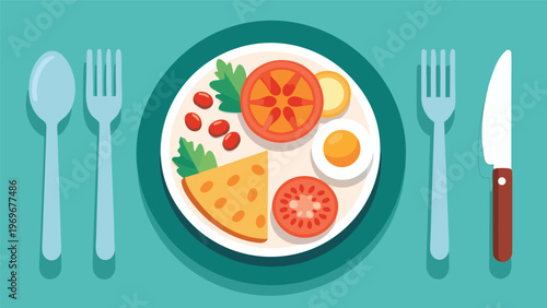Breakfast plate on a green table with eggs, cheese, tomatoes, and vegetables in a simple setting