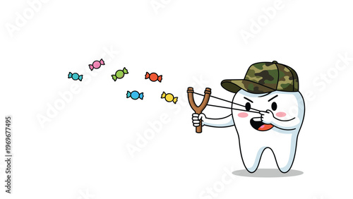 Brave tooth character wearing a camouflage hat uses a slingshot to defend against falling candies and protect oral health from sugar damage.