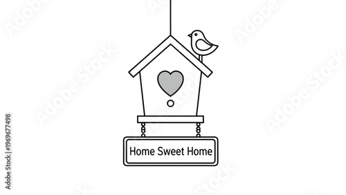 Simple black and white line drawing of a charming birdhouse with a heart and a bird perched on the roof with a home sweet home sign.
