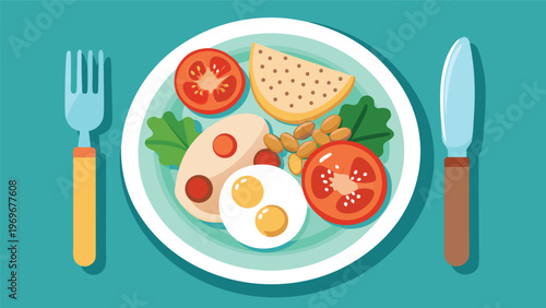 Healthy breakfast plate with food items including eggs, tomatoes, and greens served on a blue background during morning meal time