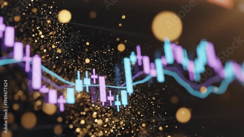 Colorful financial chart with candlestick patterns and glowing lines showing market trends, surrounded by golden particles on a dark background