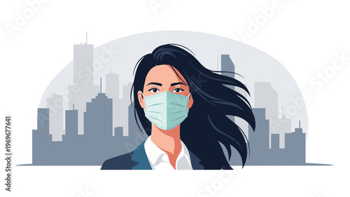 Professional woman wearing a green surgical face mask against a grey city skyline background for protection.