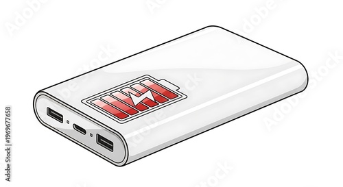 A white power bank with a red battery icon indicating full charge on a white background illustration