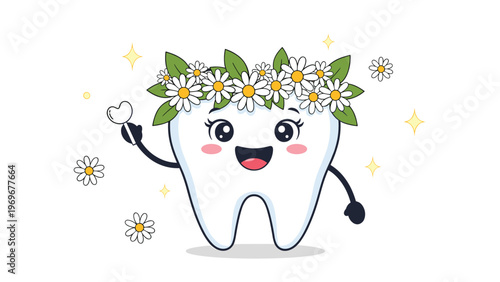 Cheerful cartoon tooth character wearing a crown of white daisies and green leaves stands happily in a field of stars and flowers.