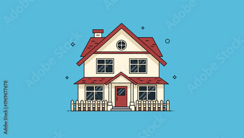 Simple flat illustration of a classic two story suburban family home with a red door and a white fence against a bright blue sky background.