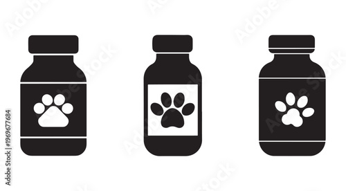 Three black bottles with paw print labels for pet medicine or supplements in a row on white background