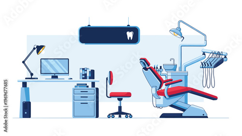 Professional dental clinic interior featuring a modern patient chair with overhead light and a workspace with computer and storage units.