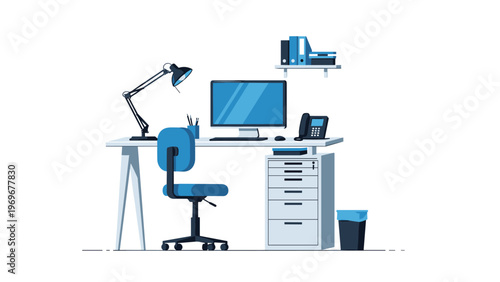 Well organized office workspace featuring a computer monitor, keyboard, desk lamp, telephone, and storage cabinets in a blue color scheme.