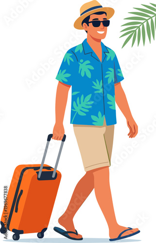 Man walking with orange suitcase wearing sunglasses and hat on vacation