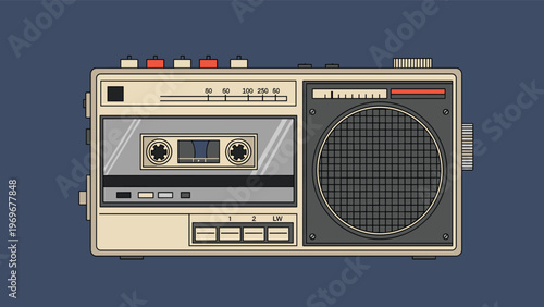 Classic vintage portable radio and cassette player featuring various buttons, a tuning dial, and a speaker grille on a dark blue background.
