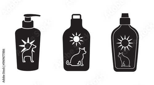 Three black bottles with white illustrations of animals and sun on white background  pet and sun protection concept