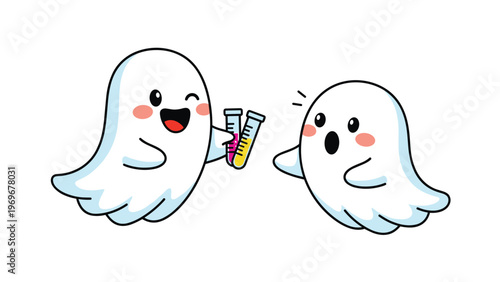 Two friendly ghosts in a science lab experiment with a smiling ghost holding two test tubes containing colorful pink and yellow liquids.