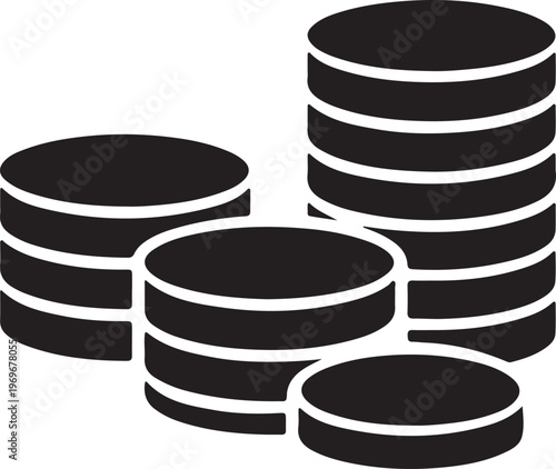 A simple black and white vector illustration showing multiple stacks of coins for financial usage