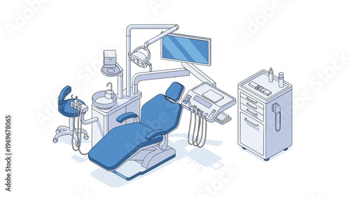 High angle isometric view of a modern dental treatment room including the patient chair, sink unit, mobile cabinet, and medical monitor.
