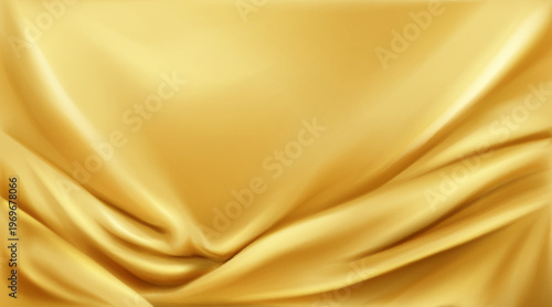 Silk fabric with golden satin waves on abstract luxury background. Elegant cloth texture with soft velvet folds, smooth drapery pattern and premium royal curtain design element.