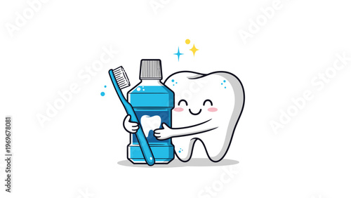 Cheerful cartoon tooth mascot hugging a large blue bottle of mouthwash and holding a blue toothbrush for a complete oral hygiene routine.
