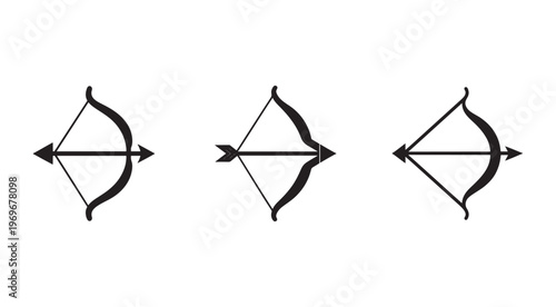 Three black bow and arrow icons in different styles for archery and hunting  various designs