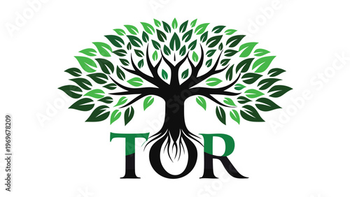 Tree logo design with green leaves and roots representing growth and strength for a brand named TOR