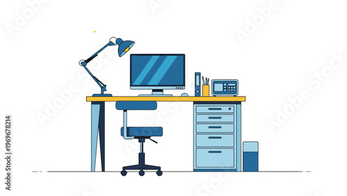 Modern office workspace setup includes a computer monitor, desk lamp, ergonomic chair, and storage drawers.