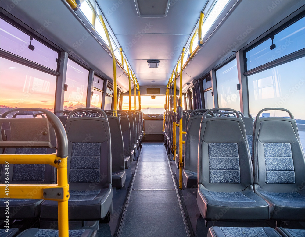 Obraz premium Empty bus interior with sunset view