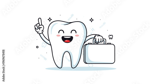Happy cartoon tooth character holding a professional briefcase while pointing upwards in a dental health concept.
