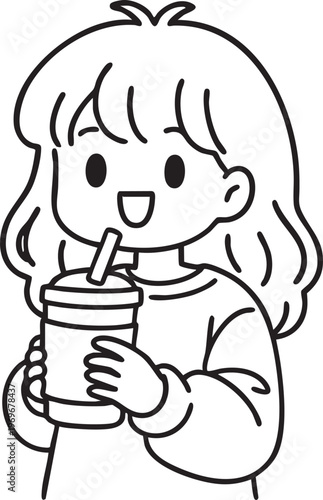 Girl drinking coffee line art drawing, minimalist female character contour for coloring page