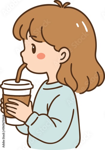 Side view of a cute girl drinking coffee with a straw, young woman enjoying takeout beverage