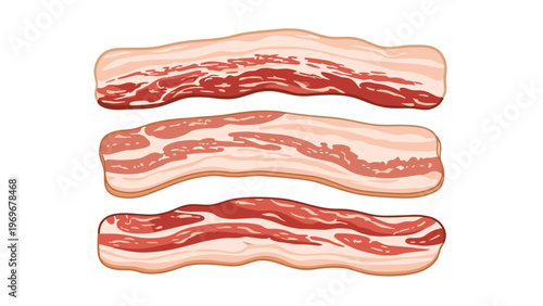 Three horizontal strips of raw streaky bacon with detailed fat and meat marbling isolated on white background.