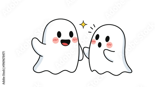 Two adorable cartoon ghosts with rosy cheeks celebrating with a high five under a yellow shining star.