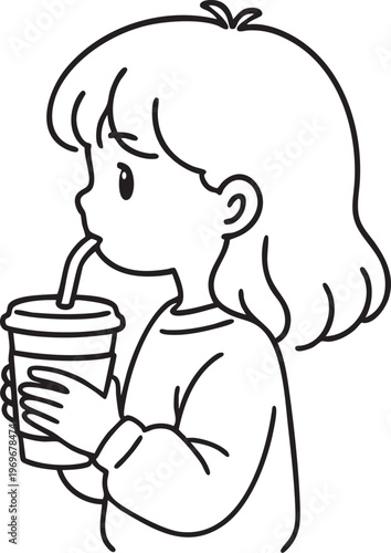 Profile of a girl drinking coffee line art, minimalist female character contour for coloring page