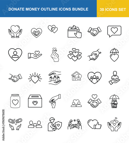 Donate money outline icons bundle for charity and fundraising projects. Vector
