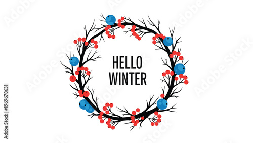Winter-themed circular wreath crafted from black bare branches adorned with bright red and blue berries.