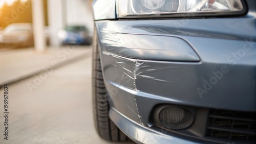 Close-up of a car's front bumper with visible scratches and damage in an urban street setting.