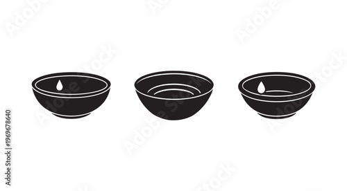 Three black bowls with white outlines and water droplets  isolated on white background