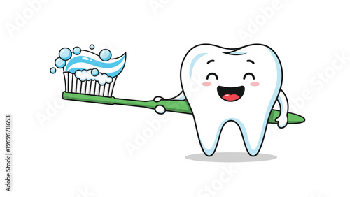 Smiling cartoon tooth character holds a green toothbrush with a fresh dab of blue and white toothpaste.