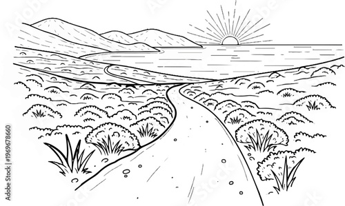 Winding dirt road leads through sparse vegetation to a serene coastal sunrise