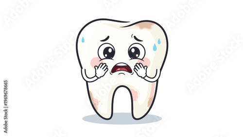Worried cartoon tooth character shows signs of yellowing and decay with beads of sweat on its face in extreme distress.