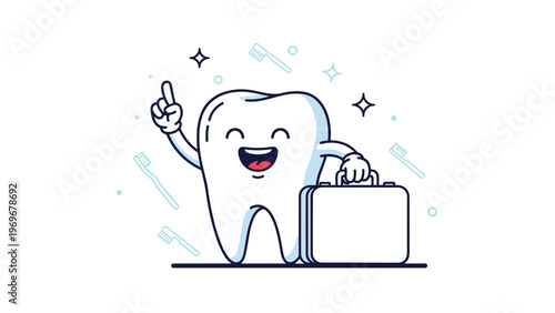 Happy cartoon tooth mascot holding a business briefcase while surrounded by small blue toothbrush icons.