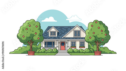 Charming two-story suburban family home surrounded by lush green bushes and blooming red apple trees.