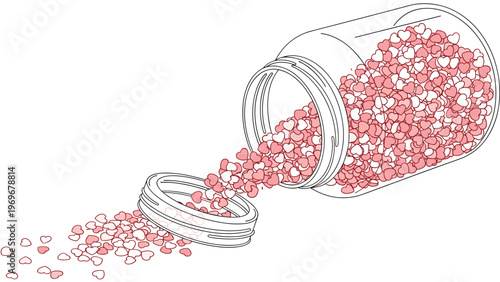 Glass jar lying on its side spills a multitude of small pink and white heart shapes across a plain surface in a sweet romantic scene.