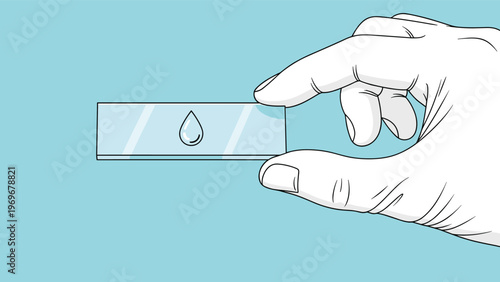 Professional laboratory technician wearing a white glove holds a clear glass slide containing a single blue liquid droplet for testing.