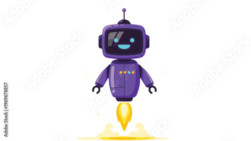 Friendly purple robot character takes flight with a bright yellow rocket flame emerging from its base in a space-themed illustration.